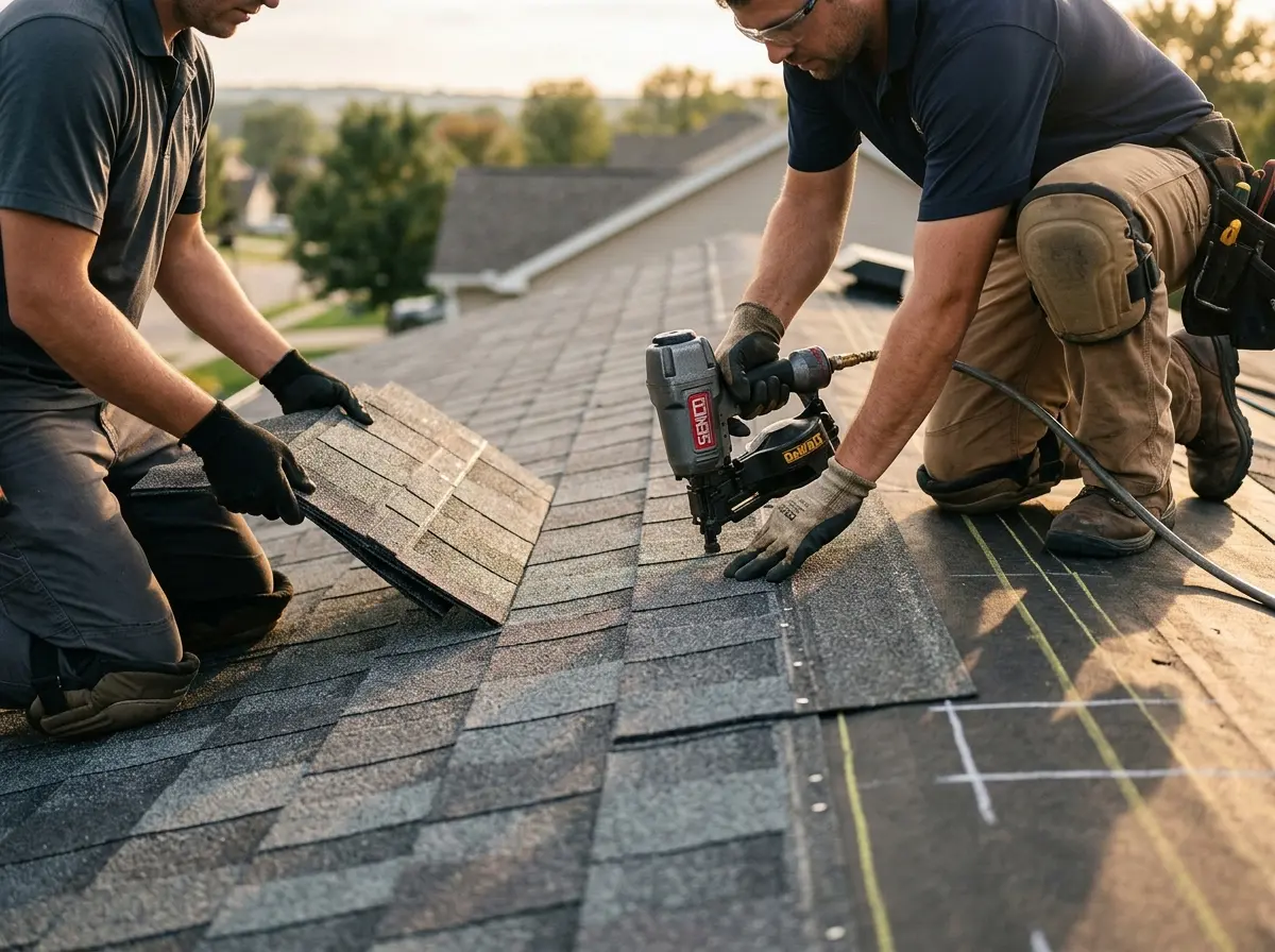 Professional roofer working on a residential roof in Owings Mills